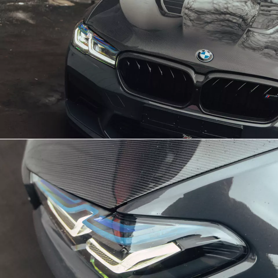 Построили новую акустическую систему для BMW M5 с дизайнерским оформлением багажника! Перешили в кожу салонный пластик, заламинировали карбоном зеркала, провели комплекс детейлинг-услуг